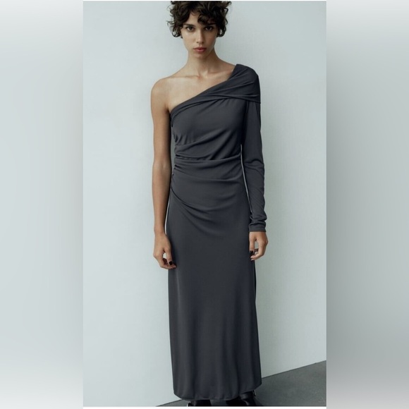 ZARA NWT DRAPED ASYMMETRICAL DRESS SIZE XS | ANTHRACITE GRAY - Picture 2 of 9